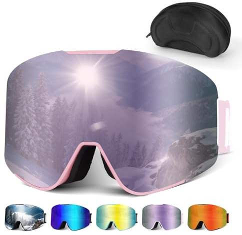 Hikeen Lunette de Ski Photochromiques: Masque de Ski Look Iridé Lunette Ski Anti-Buée Protection UV pour Homme Femme, Lunette Moto Cross Triple Rembourrage pour Snowboard-Boîtier de Rangement- Cadeau