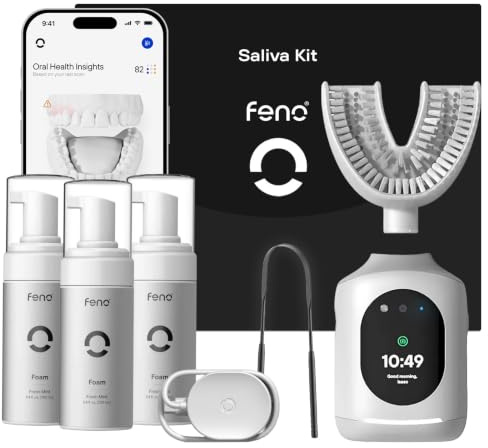 Feno Smartbrush Elite Oral Health - Cepillo de dientes eléctrico alimentado por IA con boquilla personalizada, pasta de dientes de espuma (3 tubos), raspador de lengua, prueba de microbioma salival y