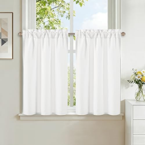 DWCN White Faux Linen Kitchen Curtains, 30 Inch Drop Cafe Curtains for Small Windows, Solid Colour Short Window Curtain Tiers for Bathroom, Cupboard, Sink, Rod Pocket, W 26 x L 30 Inch, 2 Panels