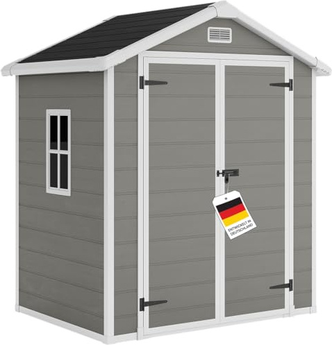 STEELSØN Novara Gerätehaus 182x134 cm, Grau/Schwarz, Satteldach & Fenster | Gartenschuppen aus Kunststoff, Gartenhaus 210x134x182 cm, Geräteschuppen, Gartenhütte wetterfest & rostfrei, Schuppen Garten