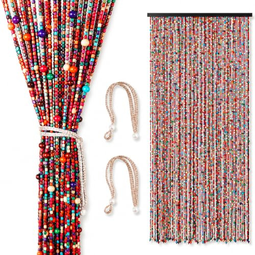 Perlenvorhang, 90x200cm Türvorhang Perlen mit runden Holzperlen, 52 Stränge