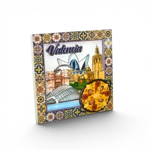 Imán de Nevera Valencia | Recuerdo Decorativo de la Ciudad de Las Artes y la Paella | Souvenir de España con Diseño de Azulejos | Regalo Original y Turístico