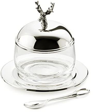 EDZARD Marmeladenglas Hirsch (Höhe 11 cm, Ø 10 cm) edel versilbert | mit Unterteller und Löffel, Tischdeko, Geschenkidee, Frühstückstisch, Brunch, Geschenk