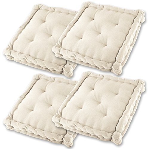 Gräfenstayn® 4er-Set Sitzkissen Stuhlkissen 40x40x8cm für Indoor und Outdoor aus 100% Baumwolle Dicke Polsterung Steppkissen/Bodenkissen (Creme)