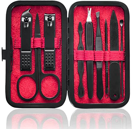 Manicure Set 9 in 1 Stainless Steel, Nail Clippers Scissors Pedicure Tools Kit - Portable Travel Grooming Kit for Men and Women with Black/Red Leather Case (Red)