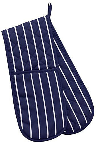 Professional Butchers Stripe Double Sided Oven Glove 100% Cotton Cooking Gloves Heavy Duty Mitts Resistant Cooking Gloves 86cm (33) (Blue)