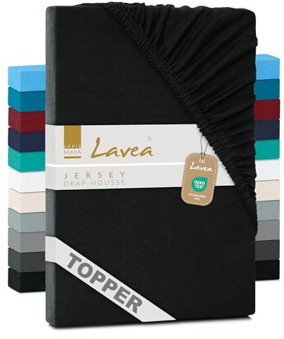 Lavea® Jersey Topper Spannbettlaken, Spannbetttuch, Serie Maya, 100% Baumwolle, hochwertige Verarbeitung, mit Gummizug und OekoTex100 200x220cm, Schwarz
