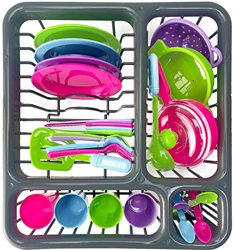 Kids Super Durable Kitchen Toys Set, Pretend Play Children's Dish Toy, Wash and Dry Tableware Dish Rack with Drainer (Great Gift for Kids) (27 Pieces)