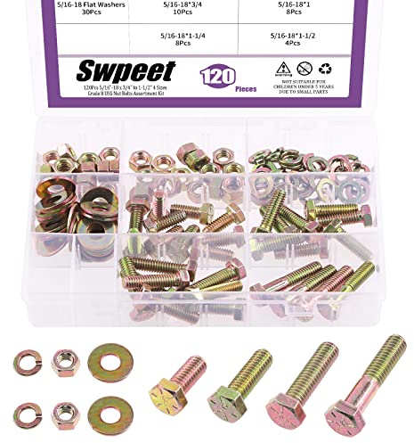 Swpeet 120 pezzi 5/16 -18 x 3/4 a 1-1/2 5 misure grado 8 USS kit di dadi assortimento, dadi e rondella per impieghi gravosi a filettatura grossa viti a testa esagonale bullone piatto e di