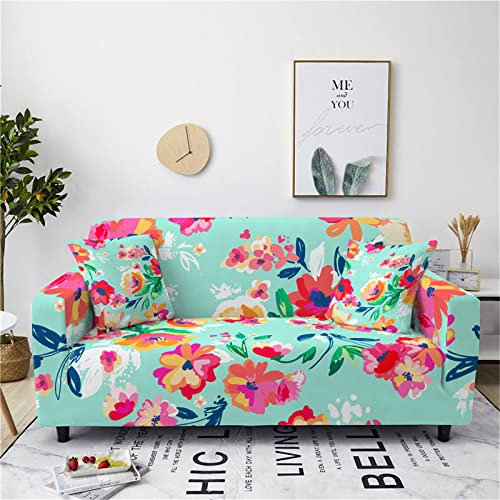 Mateju Blume Sofabezug Ecksofa für 1/2/3/4 Sitzer, Eck Stretch-Sofabezug Anti-Rutsch Waschbar Möbelschutz Dehnbar Elastischer 3D Couchbezug für Haustiere/Katze/Hund (Bunt,1-Sitzer 90-140cm)