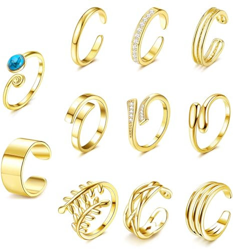 Kakonia 12 Stück Zehenring Zehenringe für Damen Frauen Gold Silber Luamaya Boho Wasserfest Kupfer Glitzer Verstellbare Offene Strand Fußring Türkis Schmuck Set