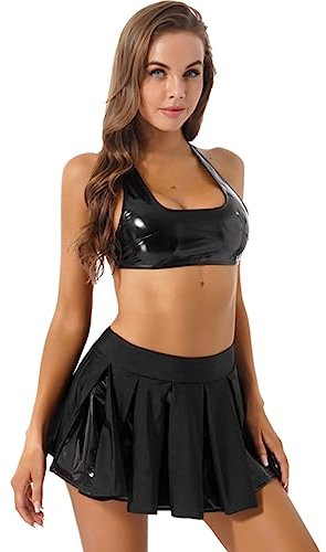 CABULE Schwarzes Damen-Karnevals-Cheerleading-Kostüm aus Lackleder, ärmelloses Crop-Top mit U-Ausschnitt und Patchwork-Faltenrock, Schwarz, L