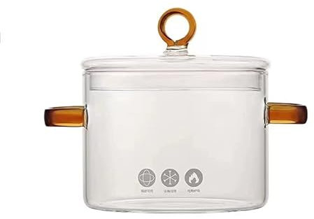 Kityemo 1.5L/53Oz Clear Glass Pots with Lids - Saucepan & Simmer Pot for Noodles, Soup, Cereals & Fruits (Brown Handle)