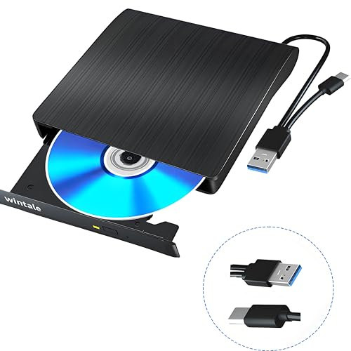 wintale Unidad de DVD Externa Bluray, Unidad de DVD Externa portátil 3D BLU-Ray con USB 3.0 y Puerto Dual Tipo C, Reproductor BLU Ray Externo Adecuado para Windows XP/7/8/10/11 MacOS para PC, Laptop,