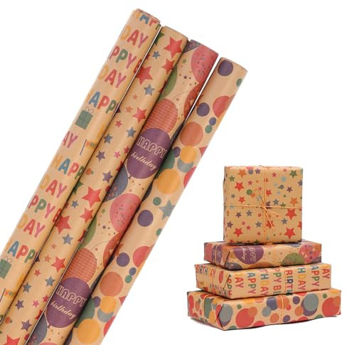 HBell Geburtstags-Geschenkpapierrollen, 4 Rollen Happy Birthday Geschenkpapier, Punkte, Sterne, Kraft-Geschenkpapier, 43 cm x 3 m, für Geburtstag, Babyparty, Party, festliche Dekorationen