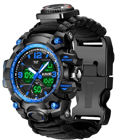 23-in-1 Survival Military Digital Watch, Mens Tactical Multi-Functional and Adjustable Wristband Outdoors Waterproof Blue Sports Watches with Compass Paracord Band