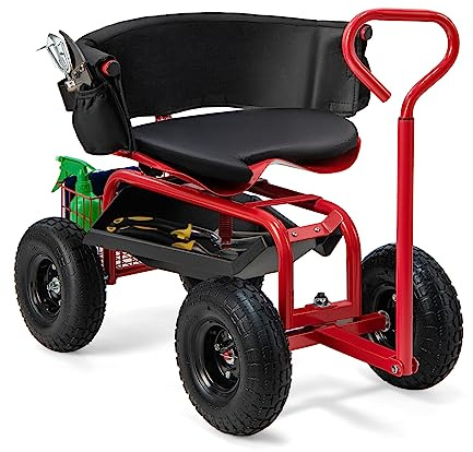 GOPLUS Chariot de Jardin Mobile, Siège Pivotant Réglable en Hauteur avec roulettes, Poignée, Coussin et Dossier Amovibles, Chariot de Jardin avec Rangement pour Jardinage, Charge 150 kg (Rouge)