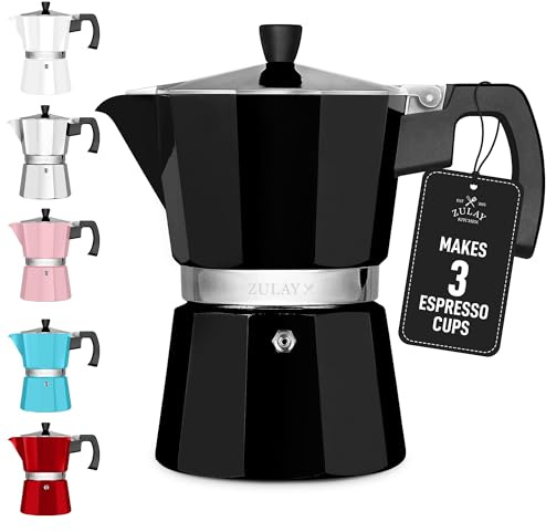 Zulay Moka Pot Espresso Stovetop Coffee Maker - Leak-Proof, Stainless Steel, Easy to Clean, Heat Resistant Handle & Knob - for Authentic Cuban & Italian Style Espresso - Makes 3 Espresso Cups - Black