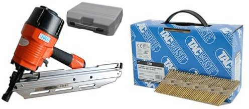 Druckluft Streifennagler Druckluftnagler Nagelgerät 34° 50mm bis 90mm Nagler & TACWISE 1721 Extra verzinkte Rahmennägel, 3,1/65 mm, D-Kopf, Ringschaft, 34°-Neigung, papiergebunden, 1600 Stück, Silber