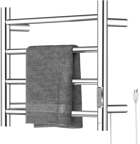R FLORY 4 Bars Towel Warmer for Bathroom, Wall Mounted Electric Heated Towel Rack with Timer, Plug-in/Hardwired Stainless Steel Towel Heater, Chrom