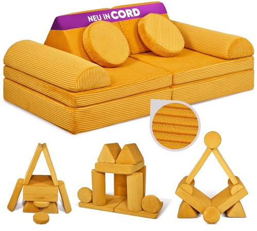 Linodino® Spielsofa Cord, Kindersofa-Bausteine, Kindercouch, Stapelsteine | Oeko Tex & spiel gut, formstabil & langlebig, waschbare Bezüge, wasserfeste Unterbezüge, verstärkte Nähte & Tragegriffe
