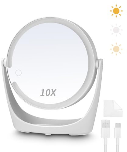 Exyvox Specchio per Trucco Con Luci LED 1X/10X, Cosmetico Illuminato Portatile per Camera da Letto, Rasatura e Viaggio - Bianco
