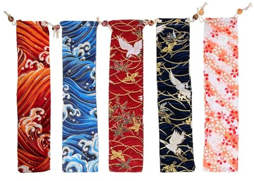 Alipis Pochette À Couverts Japonaise 5 Pièces De Rangement Portable À Cordon pour Baguettes Et Cuillères Organisateur Compact pour Ustensiles De Cuisine 10.24X2.36 Pouces