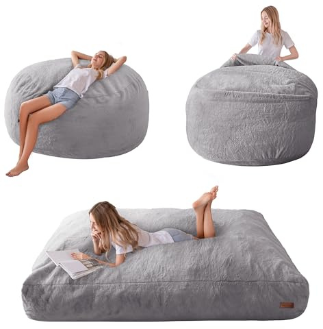 MAXYOYO Sitzsack-Bett – umwandelbar von Sitzsack-Sessel zu Bett – Schaumstoff-Sofa mit zotteligem Bezug und Flauschiger Füllung für Erwachsene, Jugendliche, Gäste (Grau, 150x200 cm)