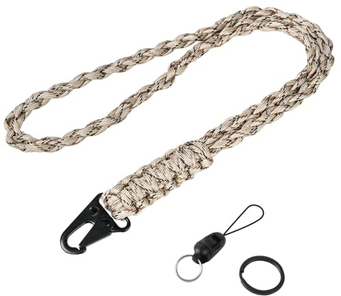Vicloon Paracord nyckelband med metallnyckelringar och telefonringrem för ID-bricka, nycklar, telefon, L Brun, 14.5 cm