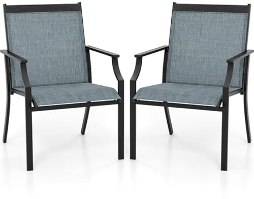 COSTWAY 2er Set Gartenstühle, Terrassenstühle mit breiter Sitzfläche & atmungsaktiver Sitzfläche, Balkonstühle, Outdoor-Stühle bis 150 kg belastbar, für Garten, Balkon, Poolbereich, Blau
