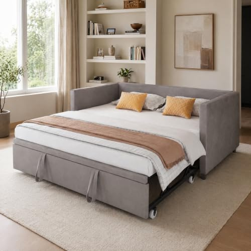 FOERPL Bäddsoffa, konvertibel 90/180 x 200 cm, 2-sits bäddsoffa, sammetstyg, utdragbar enkelsäng, dubbelsäng, utdragbar säng, utdragbar säng, vadderad säng, 2 personer (grå A)