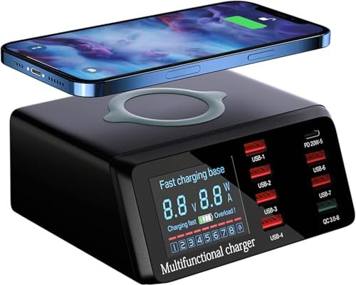 100W Multi USB Ladestation, Ladegerät Mehrere Geräte mit LED Bildschirm Wireless Schnell Charger Induktives Ladegerät 8 Port mit 18W QC3.0 USB und 20W PD-Schnellladungsport für iPhone Galaxy