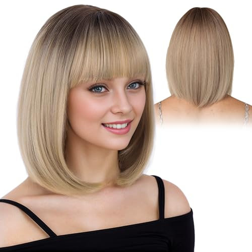 DKDDSSS Dritto Capelli Breve Charming Bob con Bangs, 14 Pollic Parrucche in Ombre per Donna Natura Resistente al calore Fibra sintetica Partito/Cosplay/Costume/Parrucca le Donne Quotidiano