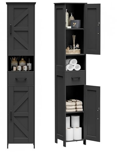 Homhedy 67 H Tall Bathroom Storage Cabinet with Barn Doors and Drawer | Narrow Storage Unit with Adjustable Shelves, Floor Cabinet for Bathroom, Living Room, Entryway or Kitchen, Black, 11.8 W