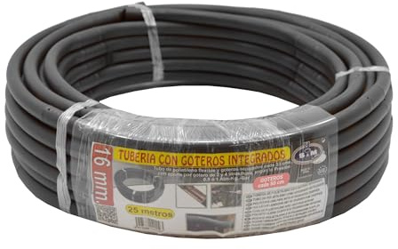 S&M 545023 - Tuyau noir en polyéthylène Ø 16 mm avec goutteurs intégrés tous les 50 cm pour irrigation goutte à goutte - Rouleau de 25 mètres | Les goutteurs arrosent entre 2 et 4 l/h selon la