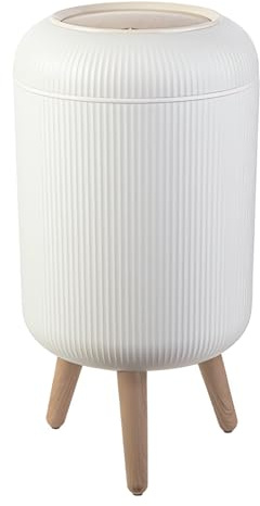 10L/2.6 Gallon,Bedroom Bin with Press Top Lid,Living Room Trash Can with Legs,Small Garbage Bin for Kitchen,Bathroom,Bedroom,Living Room,Office,Dog Proof,Toilet,Outdoor (White, Round with Stripe)