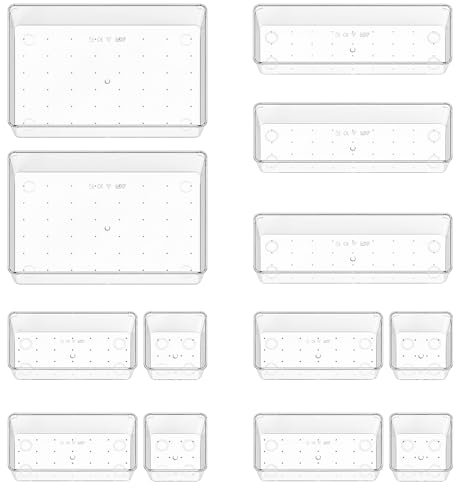 Quirlig Organizer Cassetti 13 Pezzi, Contenitori per cassetti in Plastica Trasparente di 4 Dimensioni, Divisori per Cassetti Impilabili per Bagno, Cucina, Trucchi