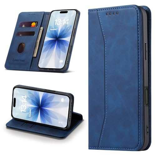 Leaisan Handyhülle für iPhone 17 Hülle Premium Leder Flip Klappbare Stoßfeste Magnetische [Standfunktion] [Kartenfächern] Schutzhülle für iPhone 17 Tasche - Blau
