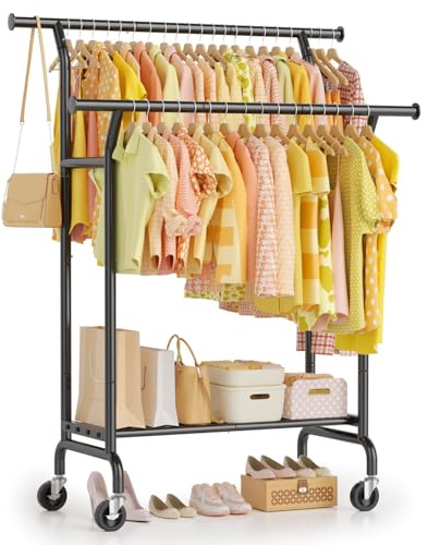 EAGMAK Double Clothes Rail Load 120 KG, Heavy Duty Clothes Rail on Wheels, Protable Clothing Rail with Storage Shelves, Metal Clothing Rack Free Standing for Bedroom, Office, Commercial Store (Black)