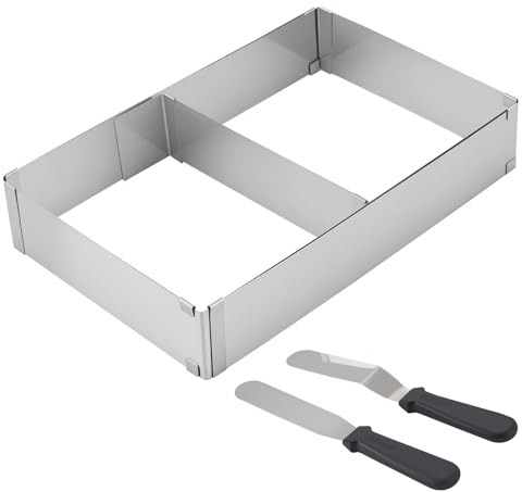 HEIYUET Backrahmen Rechteckig Verstellbar, 5cm Hoch Backrahmen Eckig Tortenring Verstellbar mit 2 Tortenspachtel für Backen, Schichttorten, Dekorieren, Einstellbar von 27x18 bis 52x33cm
