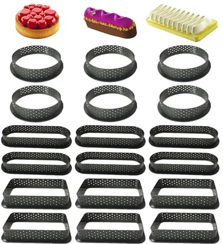 RPHONGHONG Pack of 18 Dessert Rings Cake Mould Tartlet Moulds Oval Round Cake Mould with Ventilation Holes Non-Stick Tartlet Moulds Multifunctional for Desserts and Baking Creations DIY