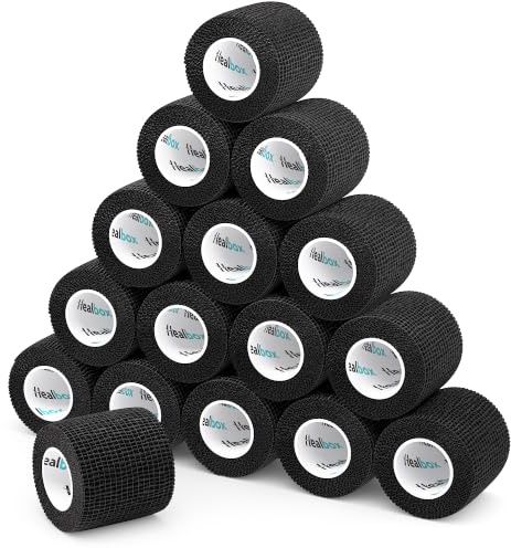 Healbox Cohesive Bandage 5cm x 4.5m Black Color - Pack of 16 for Football Sock Tape, Vet Wrap, Grip Tape