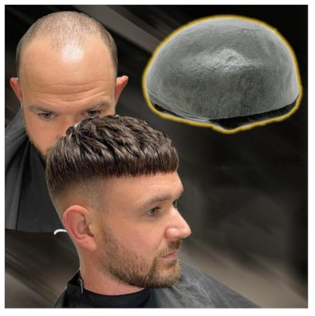 Perücke Männer 6 Herren-Kapillarprothese, 0,08 mm dünne Haut, PU-Basis, Herren-Toupet, doppelt geknotet, 8×10 Echthaar, Haarteil, mittlere Dichte, Perückenersatzsysteme(130% Density)