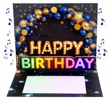 Joli Coon Geburtstagskarte mit Musik und Licht - 3D Pop up Geburtstagskarte Mann - Pop up Happy Birthday Karte Geburtstag Mann mit Leuchteffekt, Kuvert und Siegelsticker - 20 x 15 cm