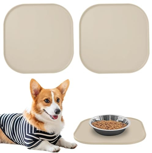 2 Stück Wasserfeste Silikon Futtermatte - Napfunterlage Katzen, 26× 26 ×1 cm Silikonmatte Quadrat, Quadratisches Futtertablett für Hunde und Katzen, rutschfeste Unterlage Hundenapf für Futter, Khaki