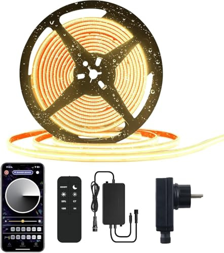 BUNACET COB LED Streifen Aussenbereich 6M Warmweiß IP67 wasserdicht | Outdoor 24V dimmbar mit App&Fernbedienung,Außen Lichtband Selbstklebend, für Garten,Terrasse,Pavillon,Weg,Traufe Deko,Pool