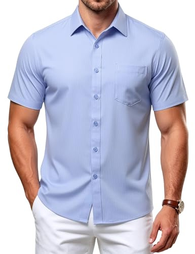 Casey Kevin Chemise Homme Manches Courtes Habillée sans Repassage | Fines Rainures Discrètes, Été Chemisette, Coupe Régulière, Avec Poche, Aspect Lisse, Rendu Sobre, Élégant, Chic