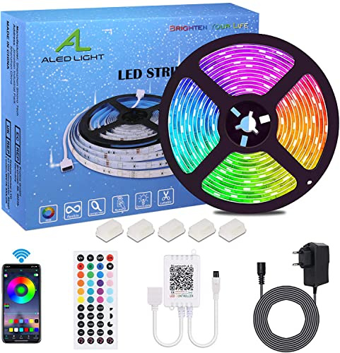 ALED LIGHT 5M LED Strip RGB SMD 5050 Bluetooth Streifen, Band, 12V Netzteil & 44 Key Fernbedienung, Smart App Steuerung Stripes Lichtband Leiste Beleuchtung
