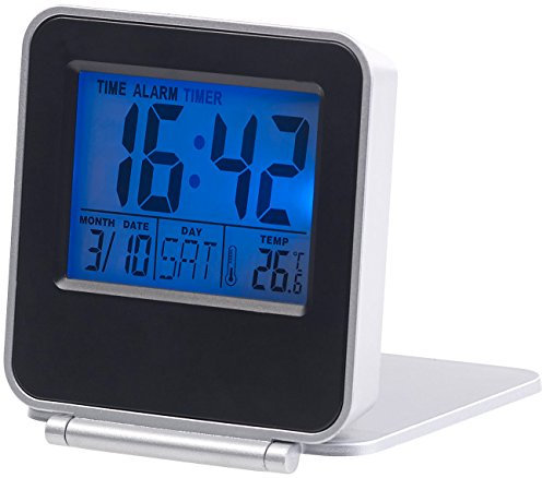 PEARL Digitalwecker: Kompakter Digital-Reisewecker mit Thermometer, Kalender und Timer (Reisewecker klappbar klein, Mini LED Uhr mit Batterie, Digitaler)