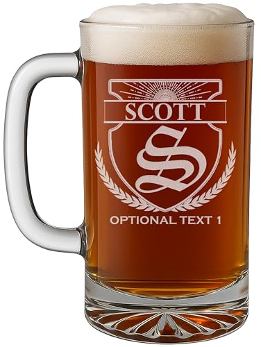 Personalised Etched 473ml Glass Beer Mug Stein Tankard, Custom Grandad Gifts, Customized Birthday Present for Men Him Dad Father, Engraved Birthday Decorations Decor - Scott Monogram